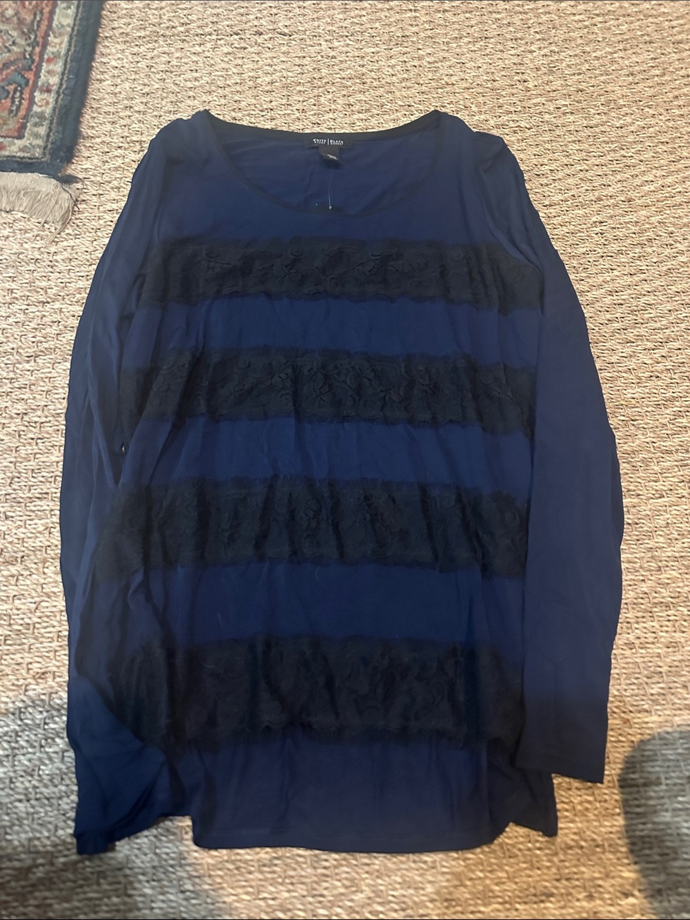 White House Black Market Navy and Black Long-Sleeve Lace-Stripe Top